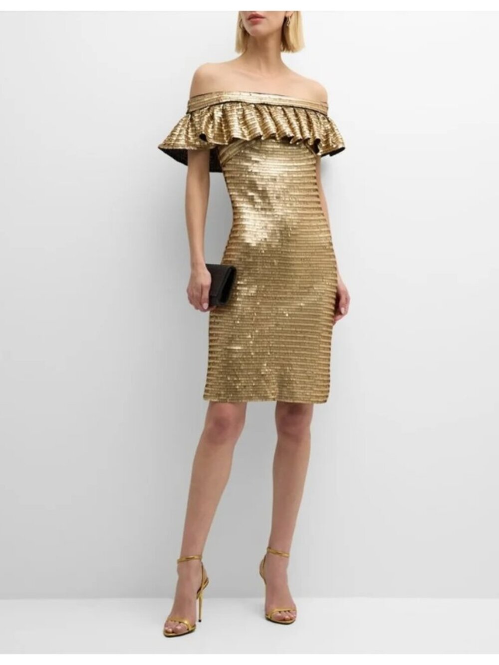 SHO Metallic Sequin Ruffle Off The Shoulder Sheath Dress sz 0